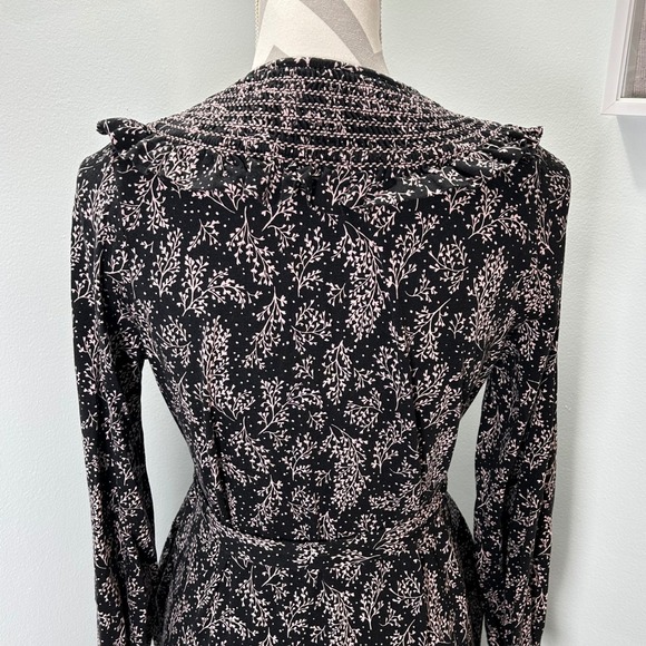 Boden Black Floral Midi Dress Smocked Neckline Button Front Belted Long Sleeve - Picture 11 of 12
